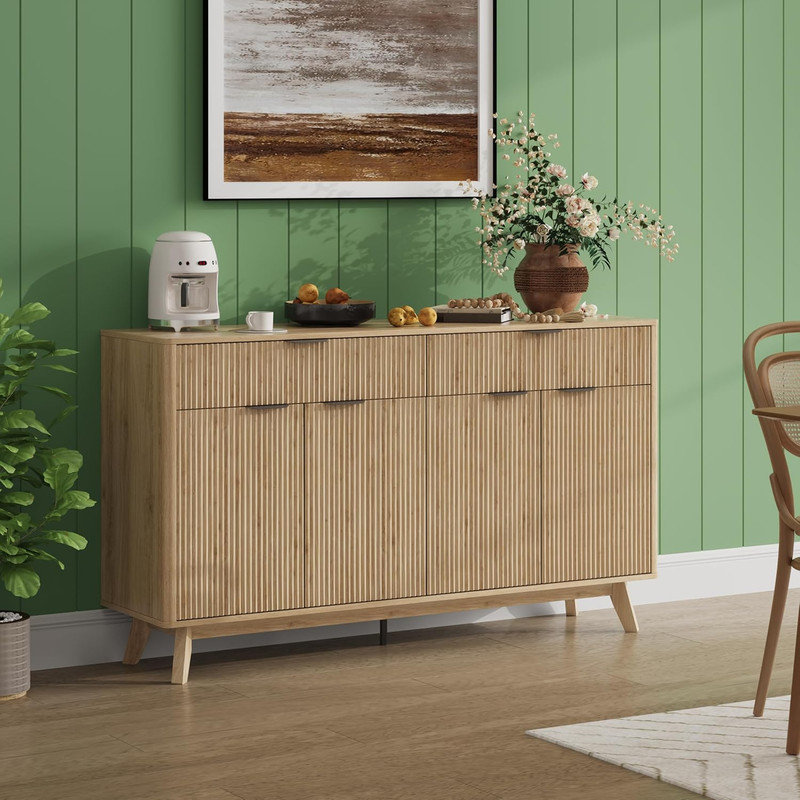 Buffet 60 "avec 2 tiroirs et 4 portes ondulées, tablettes réglables pour la salle à manger, le salon et la cuisine