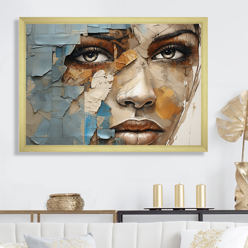 «Paint Collage African Woman I», reproduction d'art sur toile, Cadre doré simple, H 34 po x l 44 po x P 1,5 po