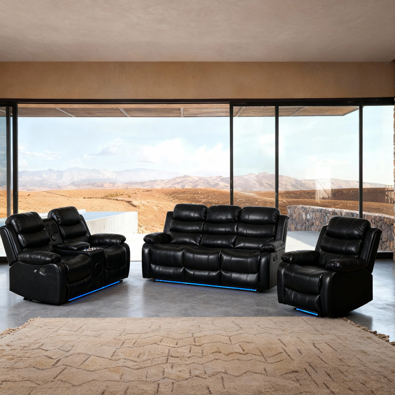 Ensemble de salon 3 pièces inclinable en faux cuir avec porte-gobelet, DEL et console, Noir
