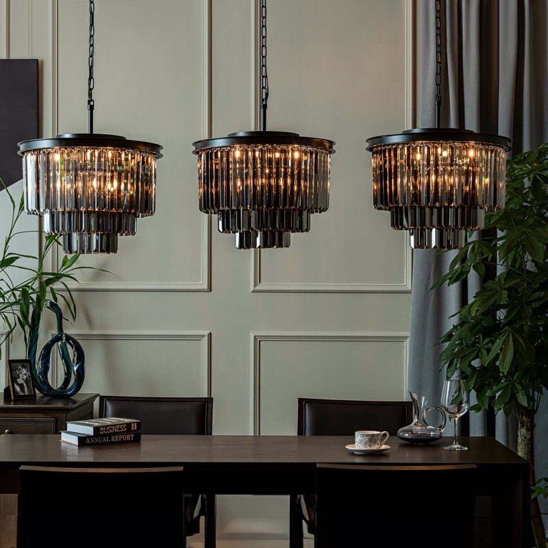 6-Lights Modern 3-Tier Round Fringe Crystal Chandelier, Black