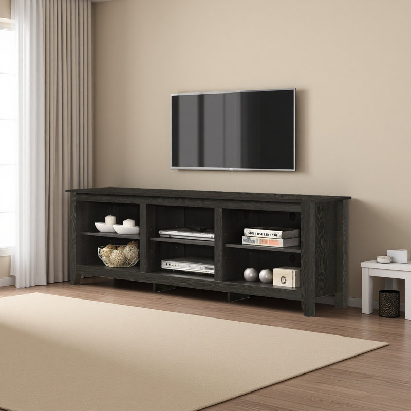 Knotty Oak 70"W TV Stand With Open Shelves And Cable Management, Dark Gray