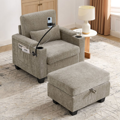 Canapé inclinable simple avec dossier réglable manuellement, port de charge USB sur le côté de l'accoudoir, support pour téléphone inclus, rangement pour accoudoirs dissimulé et repose-pieds de rangement assorti