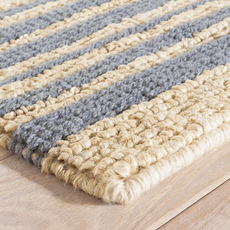 Calder Stripe Pewter Blue Handwoven Jute Rug, Rectangle 5' x 8'