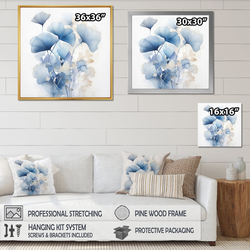 Délicates feuilles de ginko bleu sur aquarelle blanche sur toile, H 30 po x l 30 po x P 1 po, Cadre flottant brun