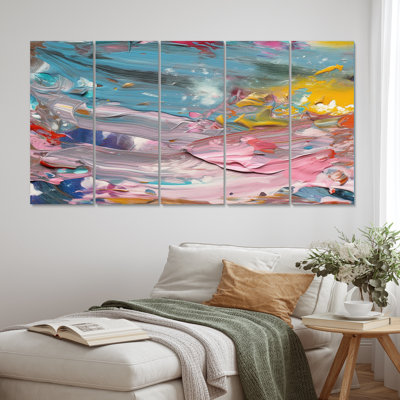 «Summer Pastel Groove Abstract Expressionism I», reproduction d'art sur toile abstraite - 5 panneaux égaux
