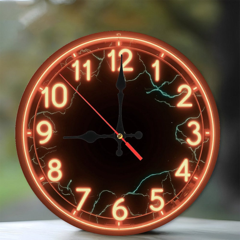 Neon Style Clock Face With Lightning Cracks