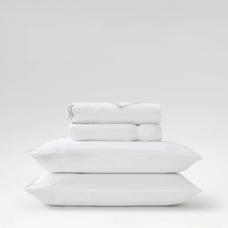 Scallop Edge Sheet Set, White/Silver, Queen Sheet Set