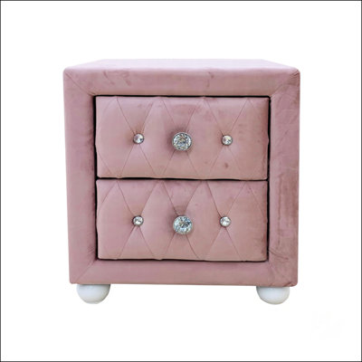 Table de chevet rembourrée en tissu rose avec deux tiroirs de rangement