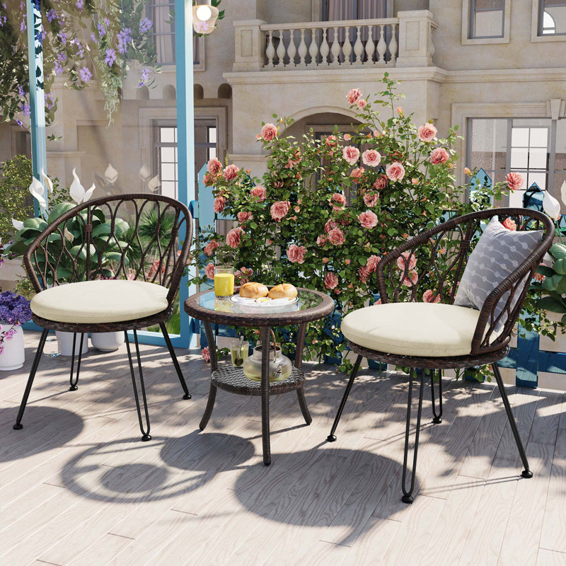 Ensemble de loisirs d'extérieur, 2 chaises simples en rotin avec table ronde en verre, Beige, Brun