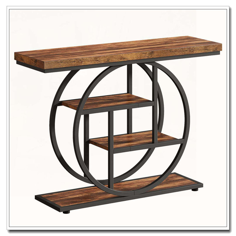 Table console industrielle Ã  quatre niveaux avec Ã©tagÃ¨res de rangement Ã  structure mÃ©tallique circulaire, Rustic Brown