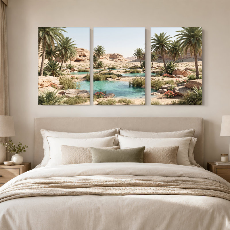Oasis du désert avec palmiers et eau turquoise, ensemble de 3 toiles, H 18 po x l 12 po x 3 pièces