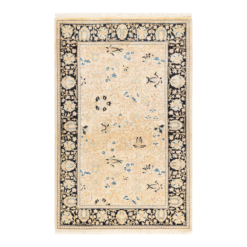 Hand-Knotted Ivory Wool Geometric Traditional Area Rug 3' x 5'