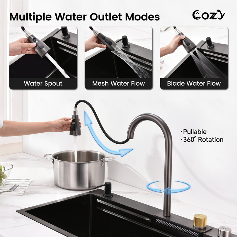 Évier de cuisine Waterfall, cuve simple en acier inoxydable noire, poste de travail multifonctionnel avec robinet de pluie et planche à découper, évier simple en acier inoxydable 30 x 22 po