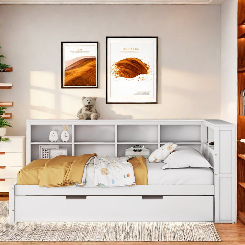Wooden Daybed With Trundle, Storage Shelf And Usb Charging Ports, White, Full / Double