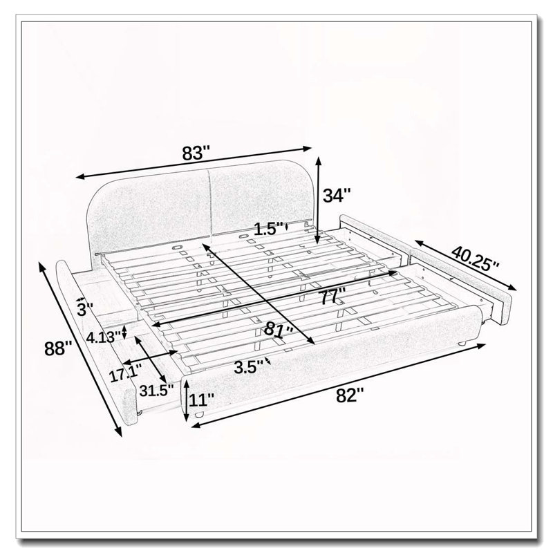 Tête de lit courbée de style moderne et minimaliste avec pieds incurvés et pieds robustes, Très grand lit, Gris foncé, Tiroir