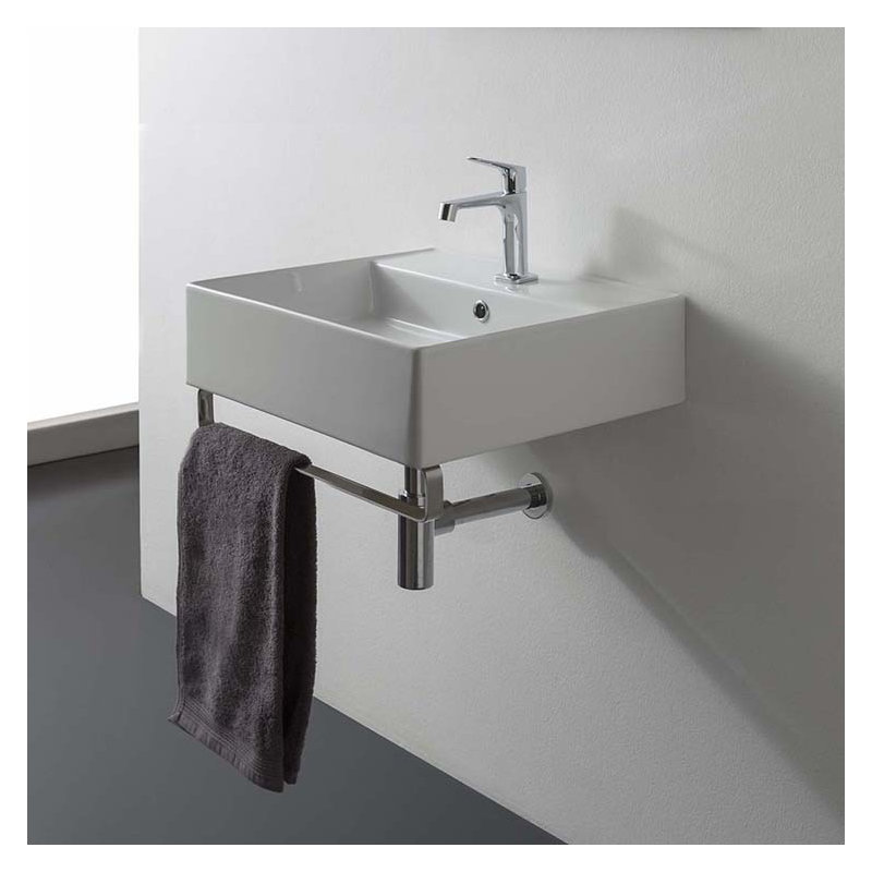 Lavabo de salle de bain mural rectangulaire en céramique blanche avec débordement Teorema, Monotrou