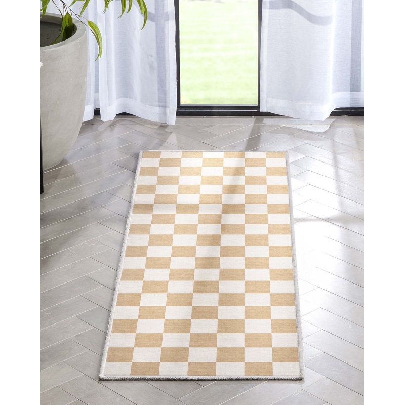 Tapis carré jaune à motif géométrique Kehr, Tapis de couloir 2 pi x 5 pi