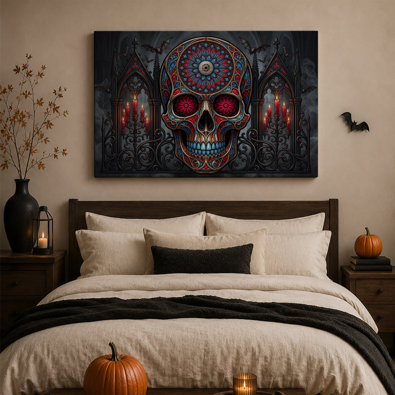 Crâne de vitrail rouge et bleu avec art gothique sur toile Halloween, H 32 po x l 48 po