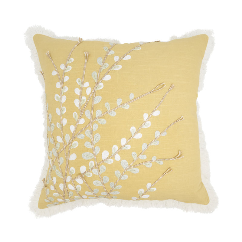 Elegant Embroidered Floral Down Filled Pillow, Yellow, Duck Down