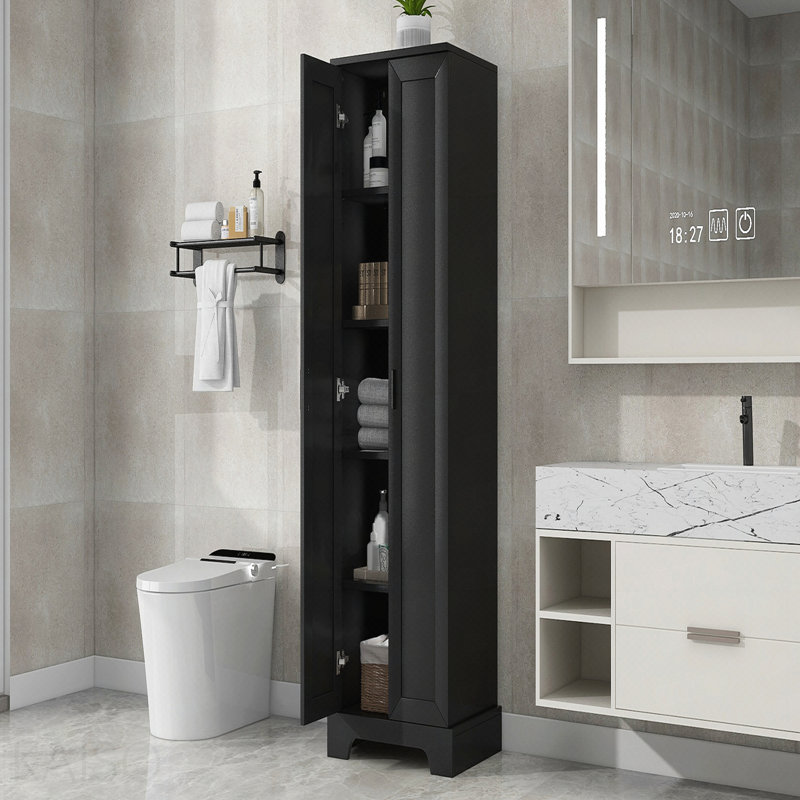 Armoire de rangement avec deux portes pour la salle de bain, le bureau, une tablette réglable, un panneau en MDF, noir (ancien numéro de référence: N725p181207b)
