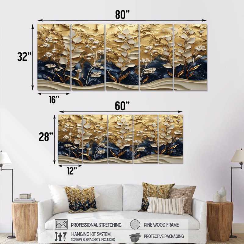 Or blanc harmonie herbes - décoration murale herbes florales - art mural traditionnel, H 28 po x l 60 po, 5