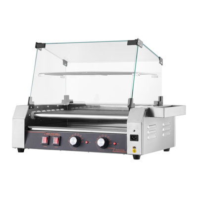 Commercial Electric Hot Dog Roller Grill - Stainless Steel Sausage Cooker with Glass Cover, Bun Warmer & Dual Temp Control