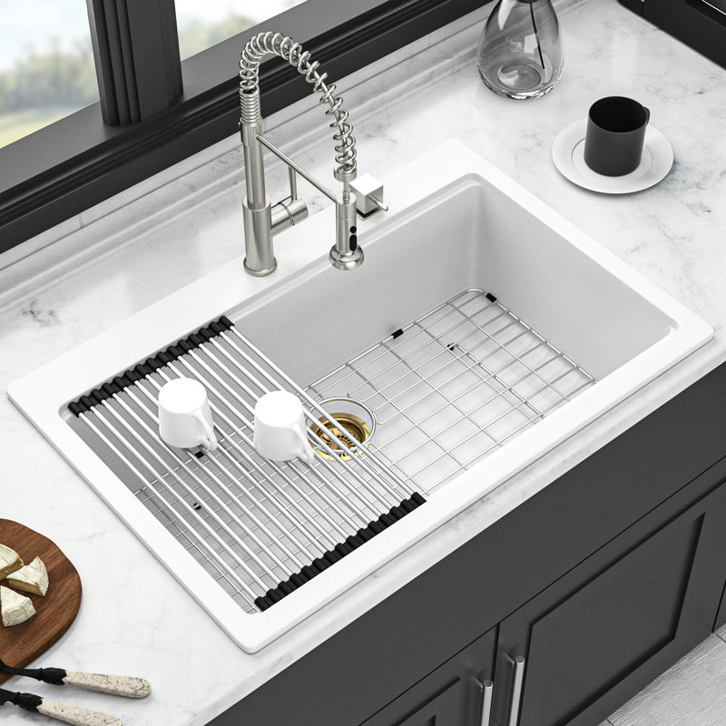 White Quartz 33" X 22" Kitchen Sink, Advanced Composite Workstation, Easy To Wipe, Non - Scratching, Assembly, Installation Clips Reduces Dirt, Drying Roll Up Rack, Template