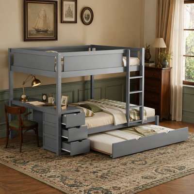 Lit superposé double avec lit gigogne simple, rangement et bureau, gris
