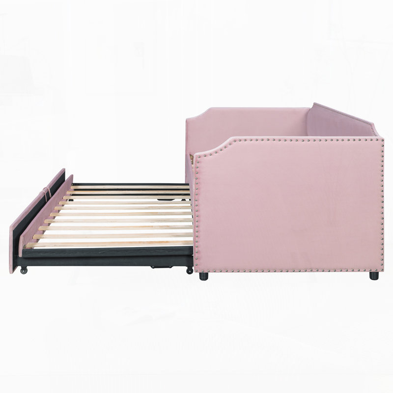 Twin Size Velvet Upholstered Daybed with Pop Up Trundle, Pink