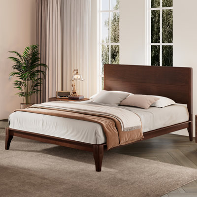 Grand lit plateforme Mid-Century moderne en bois de bambou de 12 pouces avec support en métal à lattes de bois, aucun sommier requis, assemblage facile
