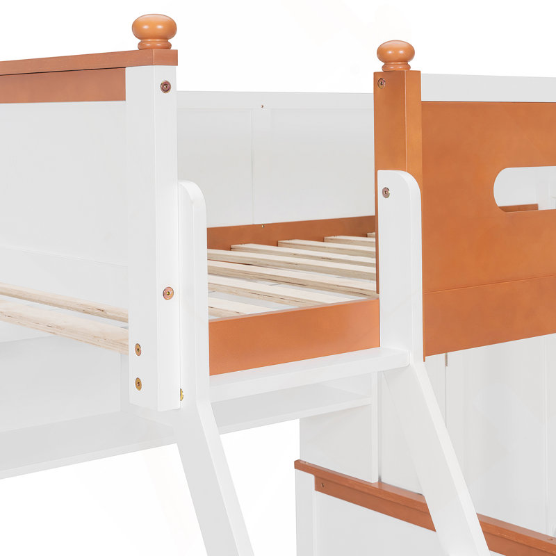 Lit superposé en bois avec garde-robe, tiroirs, tablettes et lumière DEL