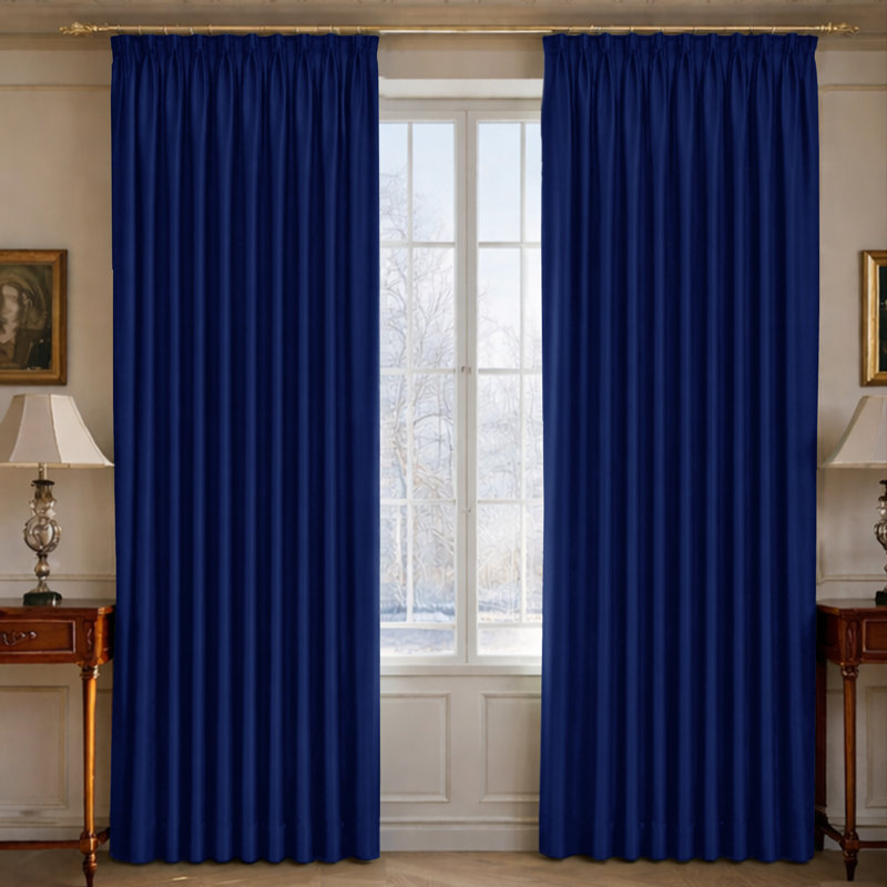 100% Polyester Blackout Pencil Pleat Room Darkening Curtains, Navy, 168cm Width x 183cm Drop
