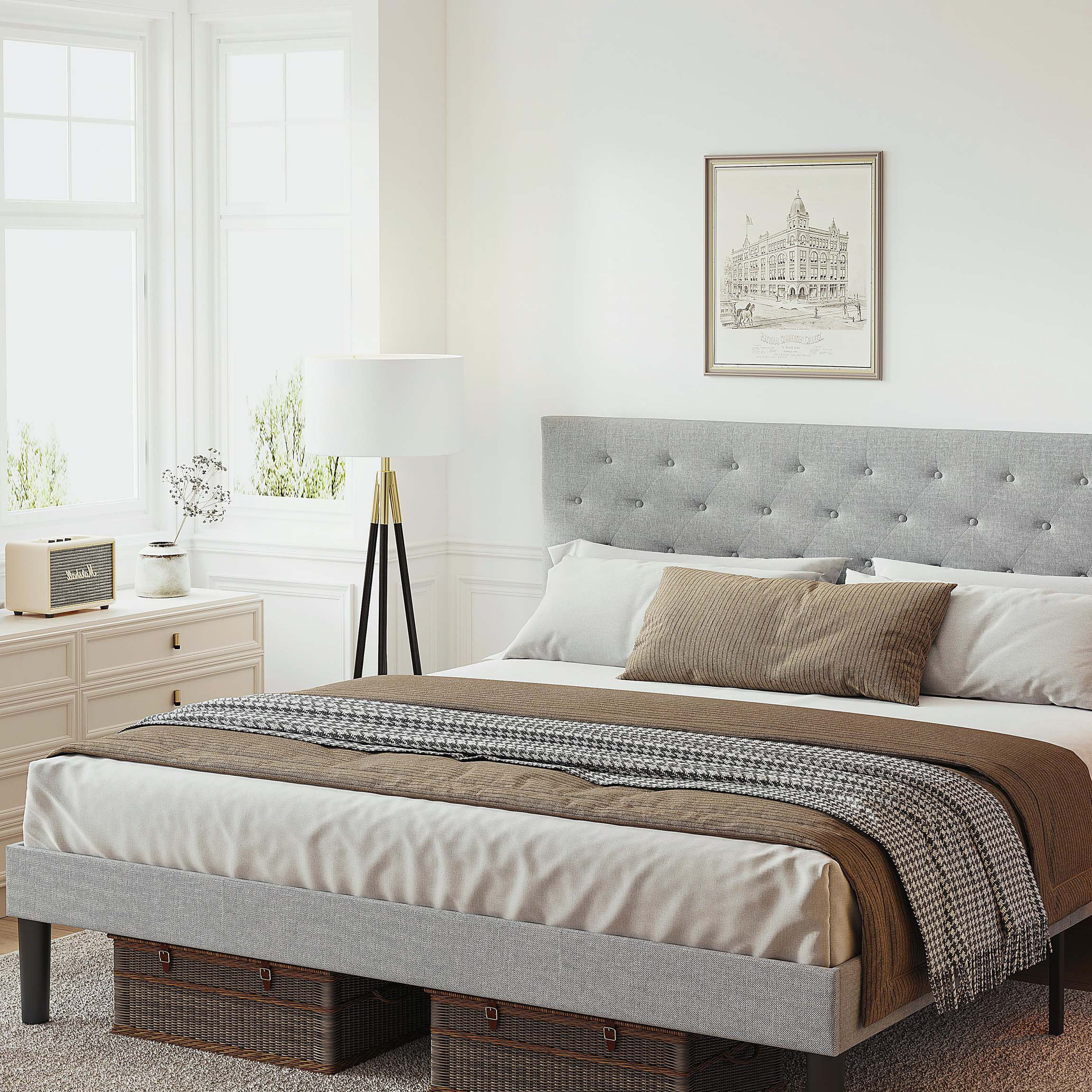 Winston Porter Light Grey Bed Frame with Adjustable Border Headboard ...