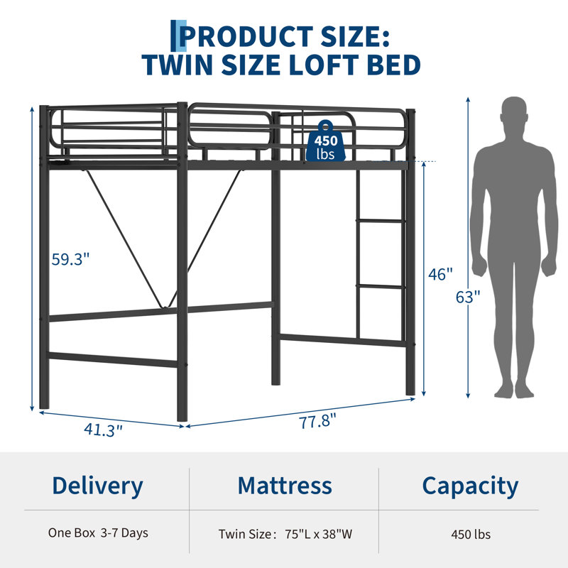 Lit mezzanine robuste pour enfants et adolescents - structure en métal avec garde-corps de 11,7 po, espace de travail sous le lit peu encombrant, capacité de 450 lb, aucun sommier nécessaire - lit d'atelier en T, noir