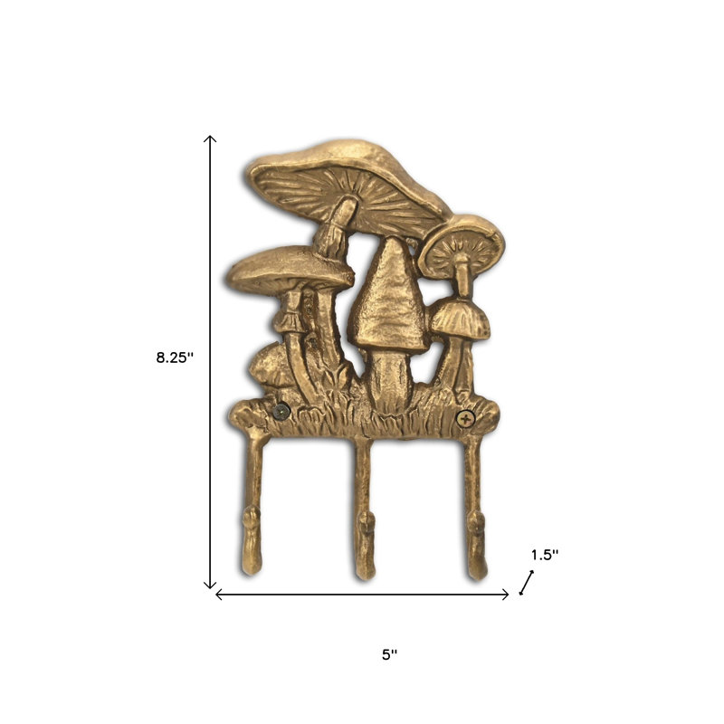 5" Antiqued Gold Cast Iron Mushroom Three Hook Wall Mount Coat Rack