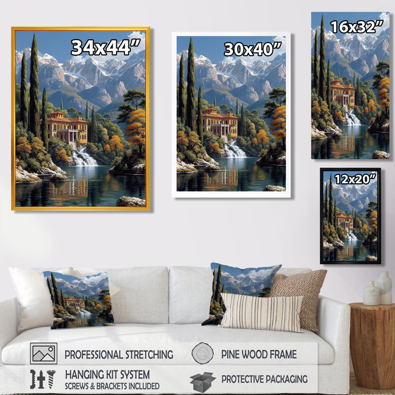 Idyllique maison suisse au bord du lac Blue Mountain, Cadre flottant noir, bois massif, H 40 po x l 30 po