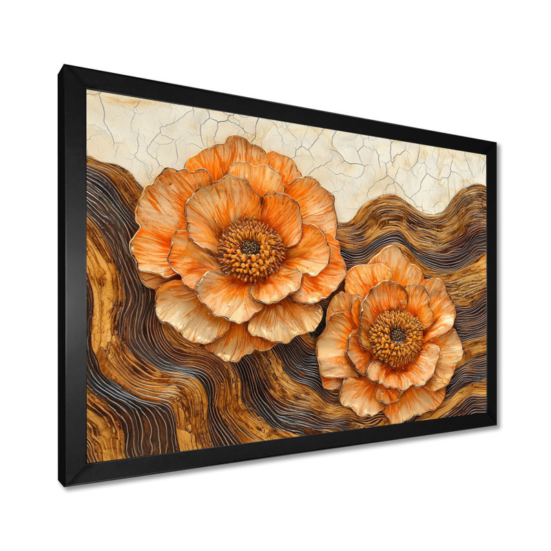 Automne fleurs de souci sur glissade sur bois II - Art mural souci, Reproduction encadrée d'une seule photo, Noir