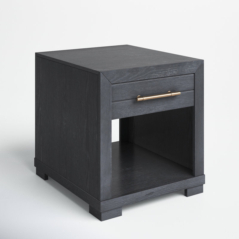Charred Oak Rectangular End Table with Storage and Pewter Bar Pull
