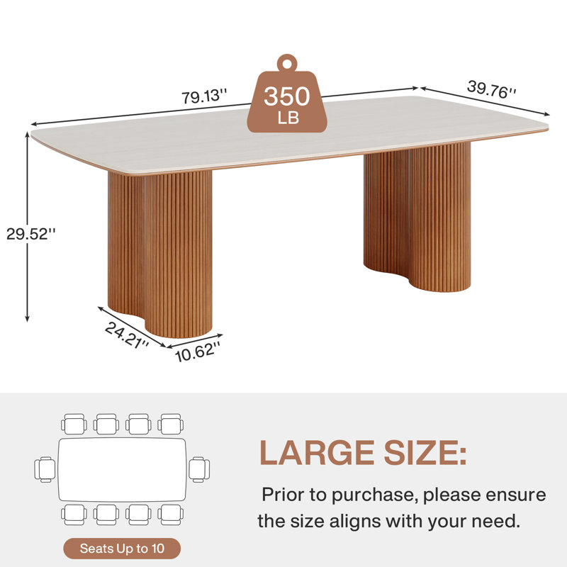 78.7" Stone Kitchen Dining Table for 8 with Solid Wood Legs, Travertine Slab Top, Semi-Circular Stripe Base