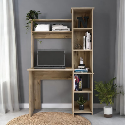 Beige-toned Particle Board Writing Desk with Hutch and Side Bookcase, Space-Saving Rectangle Silhouette