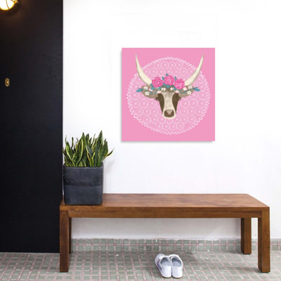 Floral Crown Longhorn Rustic Whimsical Abstract Cow Rose Flower Portrait Wall Art Print 1 Piece Wrapped Canvas Wall Art