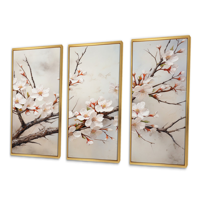 Minimalisme sur fond de cerisier beige II, Cadre flottant doré, H 32 po x l 48 po x P 1 po