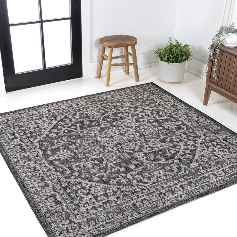 Massimo Bohemian Medallion Textured Weave Black/Gray Indoor/Outdoor Rug, Square 5'3"