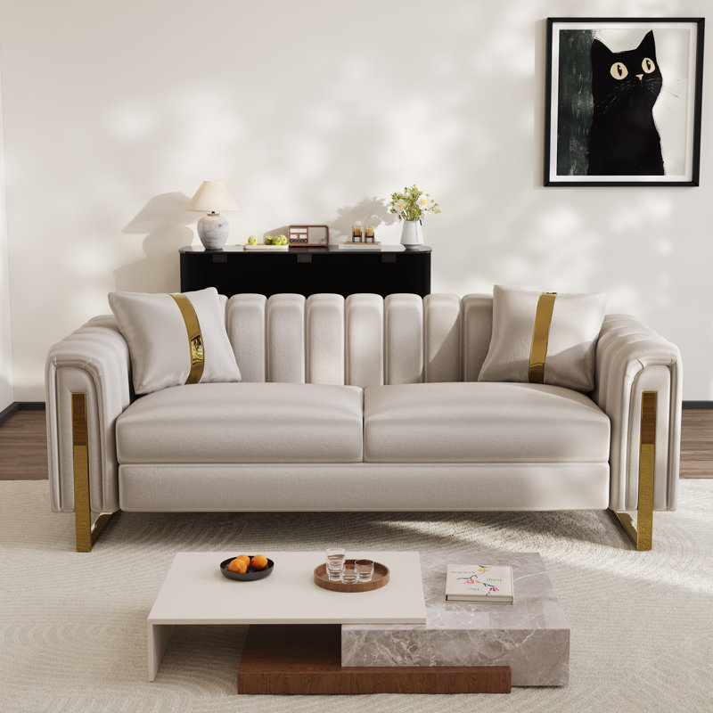 Canapé 85 po en velours dégradé avec accoudoirs dorés, H 31,6 po x l 84,71 po x P 33 po, Gris argenté