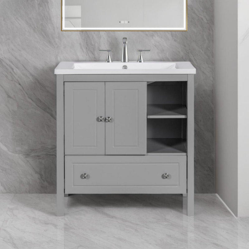 Meuble-lavabo 30 po avec lavabo, armoire de rangement avec portes et tiroirs, Gris