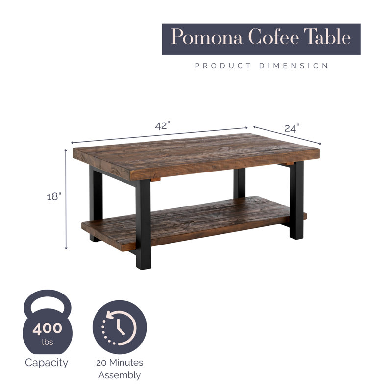 Pomona 42" Solid Wood Coffee Table, Natural, Natural