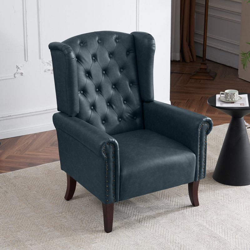 Everlynn Faux Leather Wingback Chair, Dark Blue Faux Leather