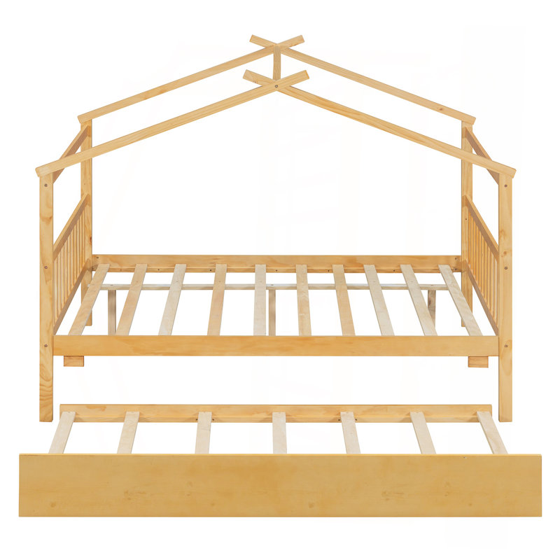 Full Size Wooden House Bed With Twin Size Trundle, , Natural, Natural