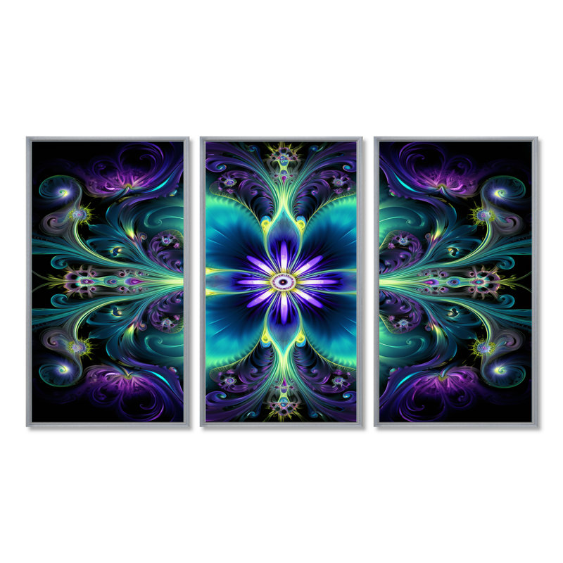 Turquoise néon fractal fleurs I - ensemble d'art mural mandala boho, H 40 po x l 60 po x P 1 po, Encadrement argenté