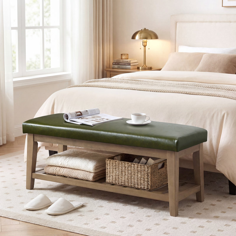 Faux Leather Upholstered Storage Bench, Green